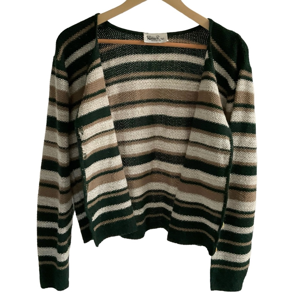 Vintage Reba Rose Boxy Striped Cardigan Sweater Earthy Coastal Cottageco… - Picture 5 of 16